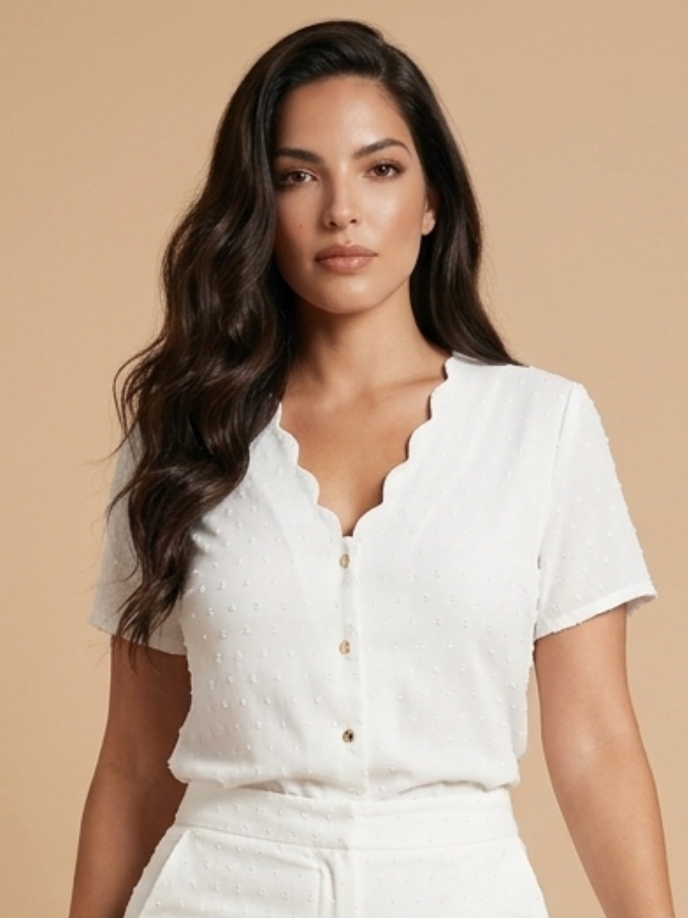 Scallop V-Neck Button-Front Top in White
